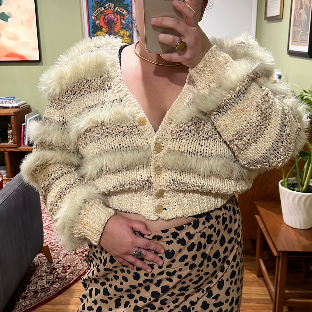 Rabbit Fur and Suede Knit Sweater